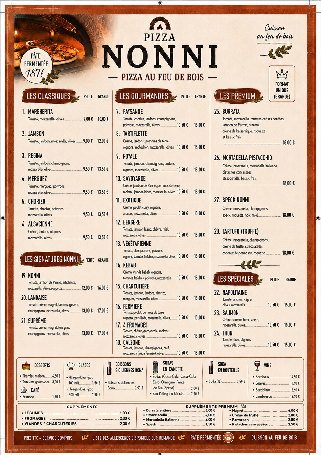 Carte complète Pizza Nonni : pizzas, desserts, boissons, vins et suppléments